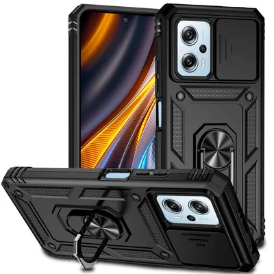 Immagine prodotto di Custodia per Xiaomi Poco X4 GT 5G a doppio strato con copertura scorrevole della fotocamera e supporto ad anello nero