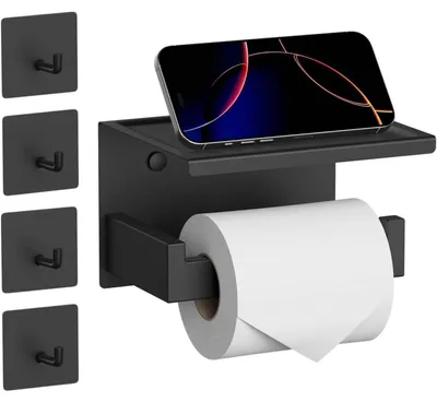 Produktbild von Toilettenpapierhalter ohne Bohren mit Ablage und 4 Klebehaken, Edelstahl, Schwarz