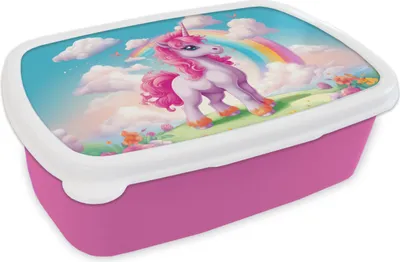 Produktbild von KitchenYeah® Lunchbox Brotzeit Brotdose 17x11 cm Einhorn - Mädchen - Blumen - Regenbogen - Einhorn Kinder Brotzeitdose - Lunchpaket - Brotkasten  - Sandwich Box
