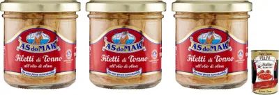 Produktbild von 3x AS do MAR Filetti di Tonno all'Olio di Oliva,Thunfischfilets in Olivenöl,150g Glas + Italian Gourmet Polpa di Pomodoro 400g Dose