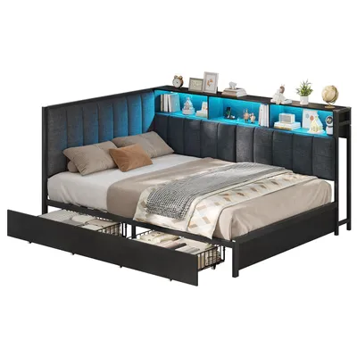 Produktbild von AODEMOKO Polsterbett Schlafsofa, Jugendbett mit LED-Beleuchtung, Ladestation, Tagesbett mit 2 Schubladen und Offene Regale, 140x190 cm, Schwarz