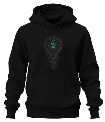 Immagine prodotto di Vegvisir Viking Compass Nordic Runic Circle Valknut Fenris Wolf Unisex Felpa con cappuccio, Nero, S