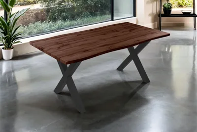 Produktbild von Esstisch Josy | 180 x 90 cm | Holz Nussbaum-Optik | X-Gestell Metall schwarz | 40 mm Tischplatte mit Baumkante | Tisch für Esszimmer & Küche