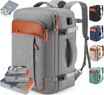 Image de Sac à dos de voyage, sac à dos cabine (gris), 42 litres, conforme aux réglementations aériennes, sac à dos de voyage extensible, sac à dos cabine, grand sac à dos de jour avec 4 organisateurs de rangement