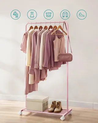 Obrázek produktu pro SONGMICS, stojan na oblečení na kolečkách, kovový věšák s úložným prostorem na boty, nosnost 35 kg, rozměry 74 x 40,6 x 158,3 cm, růžová barva