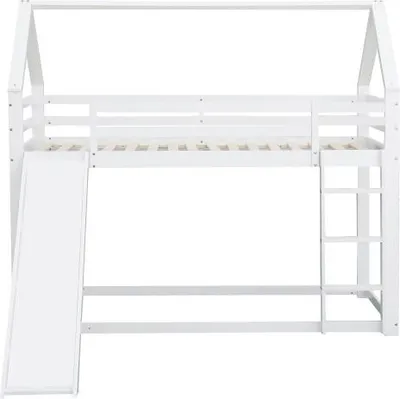 Produktbild von Kinderbett 90x200cm Zwei Einzelbett£šohne Matratze£©Hausbett Etagenbett mit Rutsche und Leiter Massivholzbett Weiss Kiefernholz