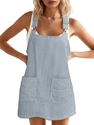 Produktbild von Imily Bela Lässiges Damen-Jeanskleid, gestreifter Overall für den Herbst, verstellbare Träger, ärmelloses Jeanskleid mit Taschen