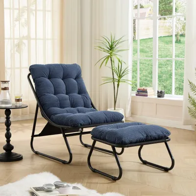 Produktbild von Outdoor Lounge Sessel mit Hocker, gepolstert, Stahlgestell, Beige, Garten Relaxstuhl