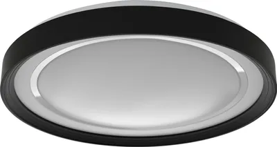 A studio shot of a modern, circular LED ceiling light with a black outer rim and a white diffuser.