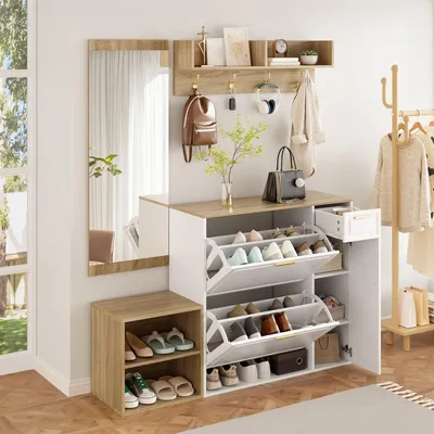 Produktbild von 4-teiliges Garderoben-Set mit Schuhschrank Sitzbank Wandgarderobe und Spiegel Komplett-Set für Flur und Eingangsbereich 139.5x35x166 cm