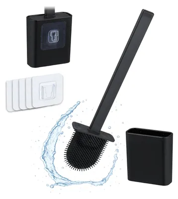 Image de Relaxdays - Brosse de toilettes à fixation murale, à coller, H x l x P : 35,5 x 9,5 x 4 cm, brosse de toilettes avec support, plastique, noir