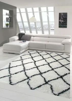 Zdjęcie produktu dla Dywan do salonu Shaggy z długim włosiem w romby w kolorze kremowo-czarnym Rozmiar - 80x150 cm