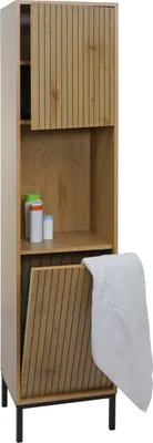 Zdjęcie produktu dla Wysoka szafka HWC-O42, szafka łazienkowa półka łazienkowa szafka łazienkowa przegródki kosz na bieliznę, MDF melamina 174x39x30cm ~ efekt naturalnego drewna