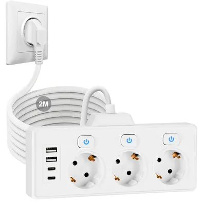 Produktbild von Steckdosenleiste mit USB – Mehrfachsteckdosenleiste mit 3 Schuko-Steckern und 2 USB-A- sowie 2 USB-C-Anschlüssen – Einzeln schaltbar, mit 2 Meter Kabel