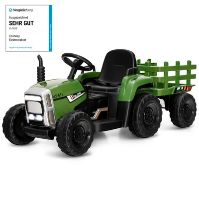 A green toy tractor with a trailer, shown from a three-quarter front angle on a white background.