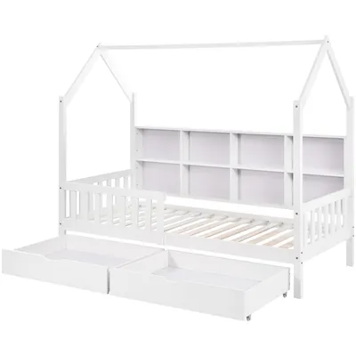 A white wooden house-shaped bed frame with a built-in bookshelf and two storage drawers underneath.