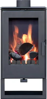 A black metal fireplace with burning logs inside.