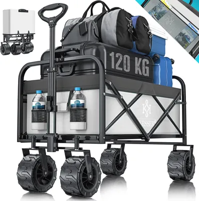 Produktbild von KESSER® Bollerwagen faltbar mit Breite Reifen Handwagen Transportkarre Gerätewagen | inkl. 2 Netztaschen | klappbar | Kunststoff-Reifen | bis 150 kg Tragkraft transportwagen Gartenanhänger