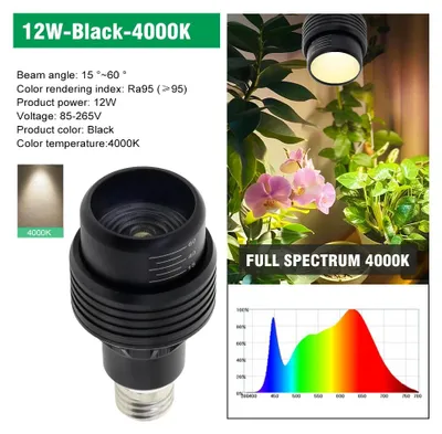 Produktbild von LED-Pflanzenlampe E27 - Anzuchtlampe Für Zimmerpflanzen - 12 W - 4000 K - Vollspektrum - 85–265 V - Schwarz