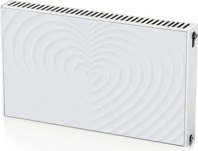A white radiator cover with a raised heart pattern and ventilation slots at the top.