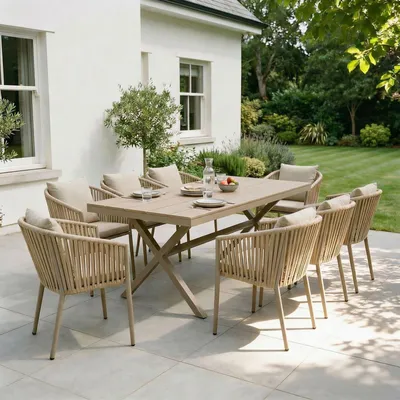 Produktbild von Gartenmöbelset ISOLA mit 8 Stühlen, Champagner – wetterfeste Essgruppe, Gartentisch 180 x 100 cm mit WPC Tischplatte und stapelbare Gartenstühle inkl. Kissen für Terrasse & Balkon