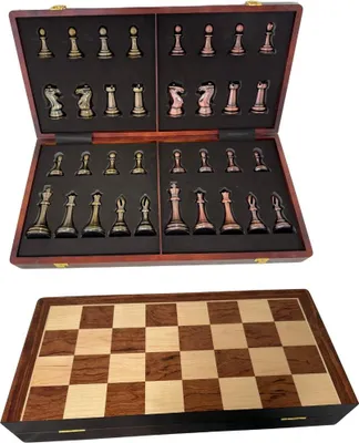 Produktbild von Goldenes Schachspiel Deluxe – Schwere Figuren in Gold & Bronze – Klappbares Luxus-Holzbrett 53x53 cm – Mit Extra Damen