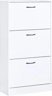 A white shoe cabinet with three drawers.