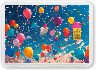 Produktbild von Grußkarte Motivbox - Geburtstag Ballons Gold 1g 1 Gramm Motivbox  - Geschenk + Echtheitszertifikat