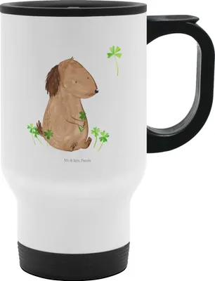 Produktbild von Mr. & Mrs. Panda Thermobecher To Go Hund Kleeblatt - Weiß - Geschenk, Glücksbringer, To-Go-Becher, Viel Glück, Becher, Sprüche, Kaffee-Thermobecher, thermosbecher