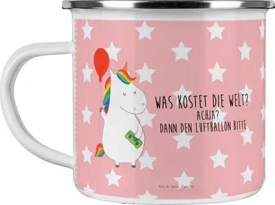 Produktbild von Mr. & Mrs. Panda Teetasse Einhorn Luftballon - Rot Pastell - Geschenk, Kaffeepott, Emaille Tasse, Pott, Unicorn, Geld, Emailletasse, Teebecher, Einhörner