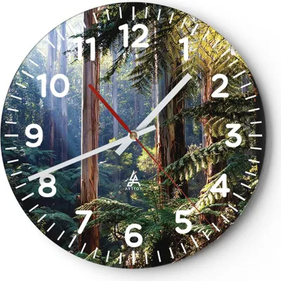 Produktbild von Wanduhr - Rund - Glasuhr - Morgendämmerung Bäume Wald - 30x30cm - Schleichendes Uhrwerk - Lautlos - zum Aufhängen bereit - Dekoration Modern - Wanddekoration aus Glas - C4AR30x30-4403