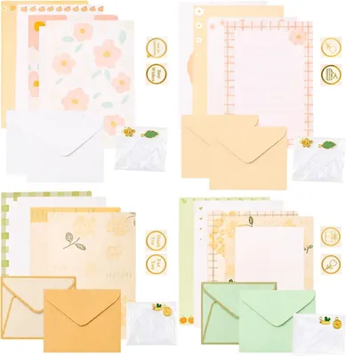 Imagen del producto de Juego de papelería con 48 piezas, en 4 estilos diferentes, que incluye sobres y adornos metálicos, ideal para uso personal
