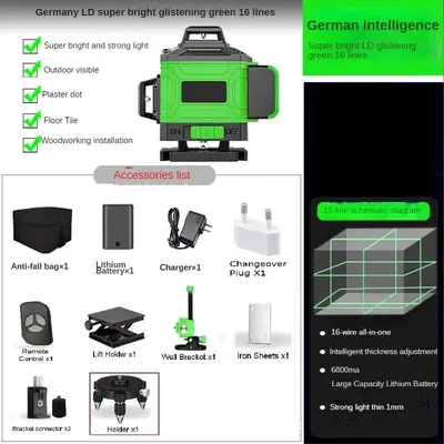Zdjęcie produktu dla Poziomica laserowa - 4D, 16 linii, zielony laser - samopoziomująca - 360° w poziomie i pionie - z akumulatorem - profesjonalna poziomica budowlana