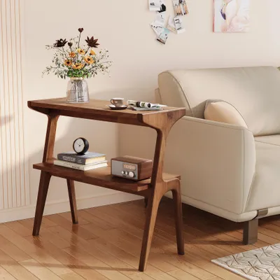 Zdjęcie produktu dla Stolik boczny wykonany z litego drewna, 2-poziomowy stolik boczny ze schowkiem, nowoczesny, sofa, salon, sypialnia, łatwy montaż, rustykalny brąz