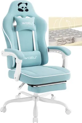 A light blue gaming chair with a panda design on the headrest and white accents. An inset image shows the internal spring mechanism of the chair.