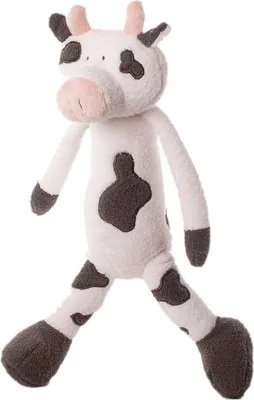 A plush toy cow is shown standing against a white background.