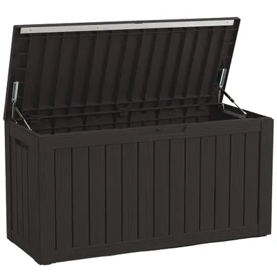 Produktbild von Floordirekt Gartenbox Holz-Optik wetterfeste Kissenbox 300L anthrazit Auflagenbox für Terrasse Balkon & Garten