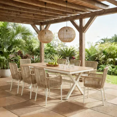 Produktbild von Gartenmöbel-Set AFUERA Tisch mit 8 Stühlen, Weiß/Champagner - Outdoor Essgruppe für bis zu 8 Personen, wetterfest und pflegeleicht, wasserabweisende Sitzkissen, ideal für Terrasse, Balkon und Garten