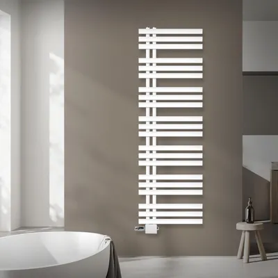 Produktbild von LuxeBath Design Badheizkörper, 500x1600 mm, Weiß, Anschlussgarnitur Thermostat Universal Eck- und Durchgangsform, ohne Heizstab