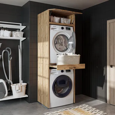 Produktbild von Roomart Waschmaschinenschrank für Trockner & Waschmaschine, in 3 Farben, mit Ausziehbrett  - Weiß - Eiche - Schwarz Eiche