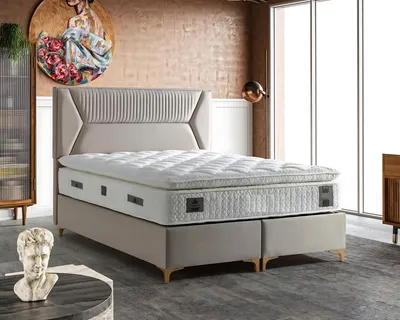 Zdjęcie produktu dla Eleganckie beżowe łóżko z materacem wykonanym z tkaniny i drewna