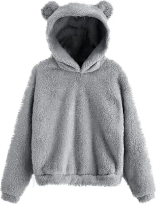 Produktbild von Eleganter Damen Hoodie mit Teddyfleece – Kuscheliger Plüsch Pullover mit Ohren und Kapuze, Einfarbig und Warm für Frauen