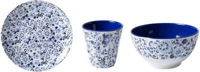 Immagine prodotto di Set da campeggio Heinen in blu di Delft – Piatto, ciotola e tazza – Melamina – Indistruttibile – Motivo floreale