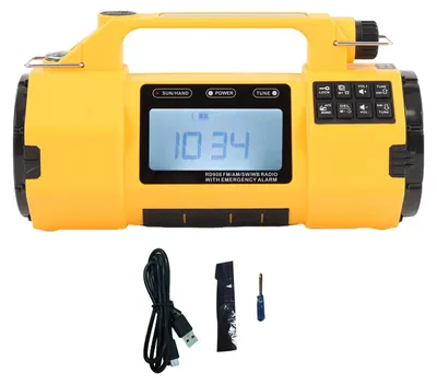 Zdjęcie produktu dla Radio awaryjne AM/FM/SW z odbiorem prognoz pogody, zasilane bateriami lub energią słoneczną, wyposażone w korbkę ręczną i głośnik z funkcją latarki