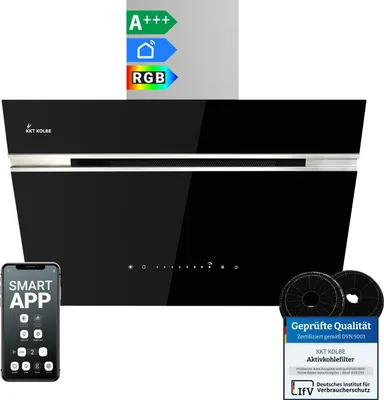 Produktbild von KKT KOLBE A+++ Dunstabzugshaube 60 cm 782 cbm/h Umluft Abluft Kopffrei Wandhaube | Schwarz Silber Edelstahl | Glas | Nachlaufautomatik | Smart WiFi App WLAN | SensorTouch | RGBW LED | AURORA6005SE
