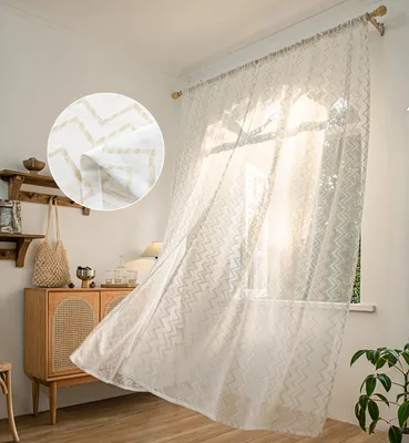 A sheer curtain with a zigzag pattern hangs in a room, with a close-up inset showing the fabric detail. The room has wooden furniture and shelves.