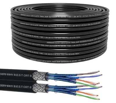 Produktbild von B.E.S.T. 50 m CAT 8.1 Duplex Outdoor Netzwerkkabel S/FTP 40 Gbit/s 2000 MHz AWG 23/1 Kupfer PE Schwarz, KI-generiertes Bild
