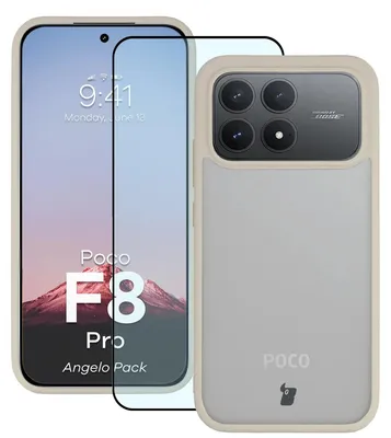 Produktbild von Schutzhülle + gehärtetem Glas für Xiaomi POCO F8 Pro, Bizon Angelo Pack, Semitransparent mit beigem Rahmen