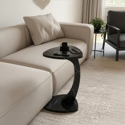 Produktbild von Beistelltisch C-Form Reuleaux-Dreieck, Schwarz Marmor, Sofatisch mit Rollen, Couchtisch Laptoptisch Couch, 56 x 39.5 x 37 cm (Schwarz-Marmor, C-Form D