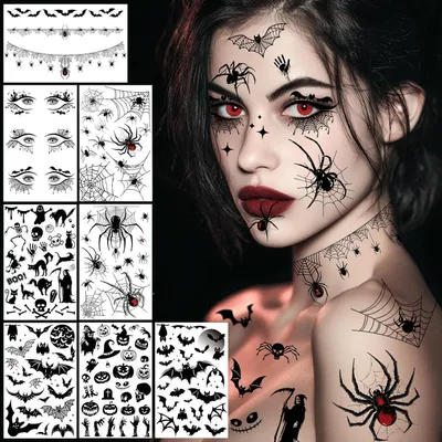 Produktbild von Halloween Tattoos Gesicht 8 Blatt 3D Fledermäuse Spinnen Augen Halskette Vampir Hexen Kostüm Zubehör